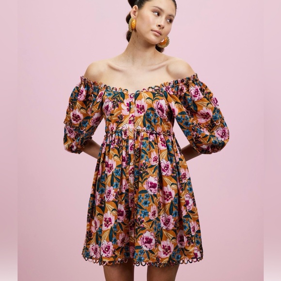 Topshop Dresses & Skirts - Topshop Orange Floral Three Quarter Inch Puffed Sleeve Mini Dress Size 12